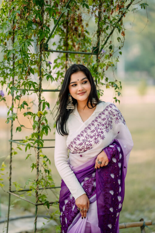 Purple Embroidery |  Tangail Silk Saree - Image 3