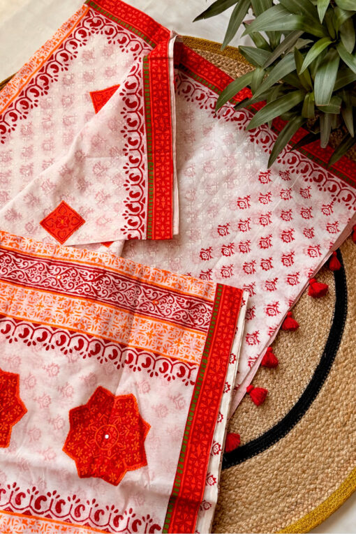 Red White | Blockprint Embroidery Saree - Image 4