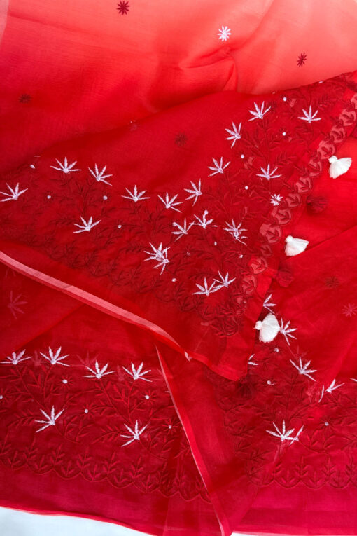 Red White Embroidery |  Tangail Silk Saree - Image 4