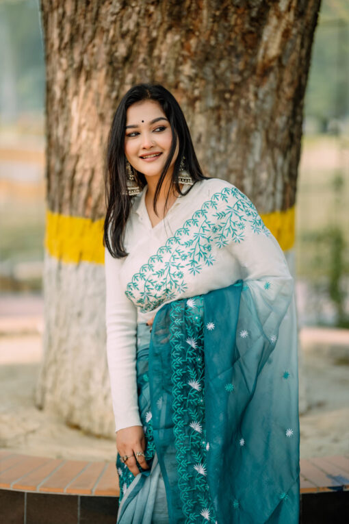 Sea Green Embroidery |  Tangail Silk Saree - Image 2