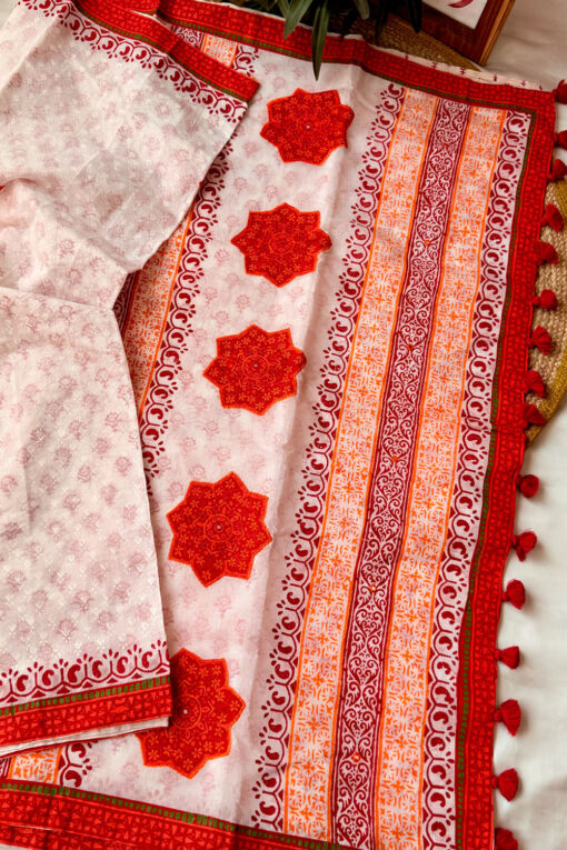 Red White | Blockprint Embroidery Saree - Image 5