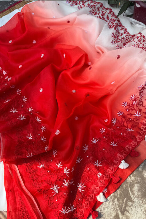 Red White Embroidery |  Tangail Silk Saree