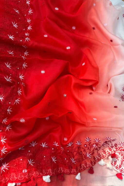 Red White Embroidery |  Tangail Silk Saree - Image 2