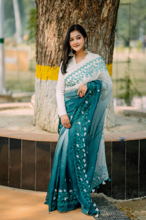 Sea Green Embroidery |  Tangail Silk Saree - Image 3