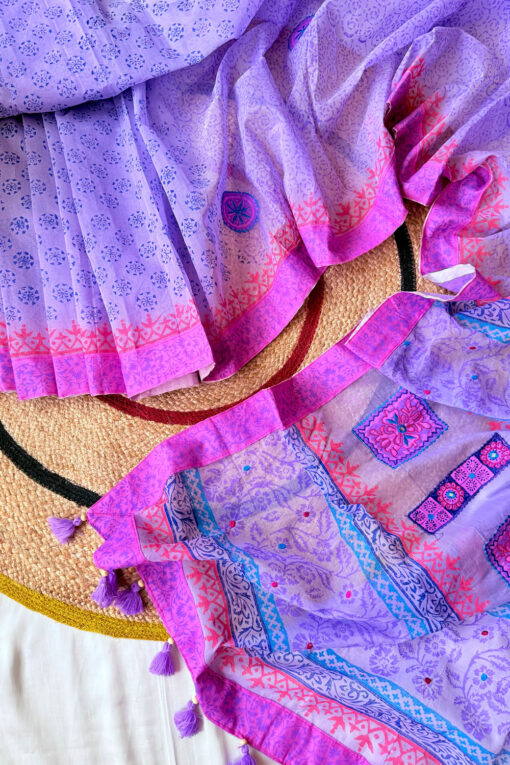 Lavender | Blockprint Embroidery Saree - Image 4