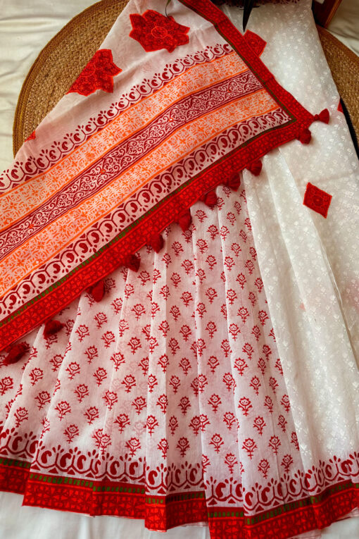 Red White | Blockprint Embroidery Saree