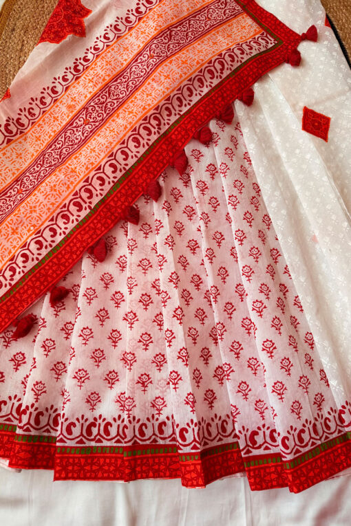 Red White | Blockprint Embroidery Saree - Image 3