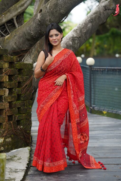 Red Block Print Saree