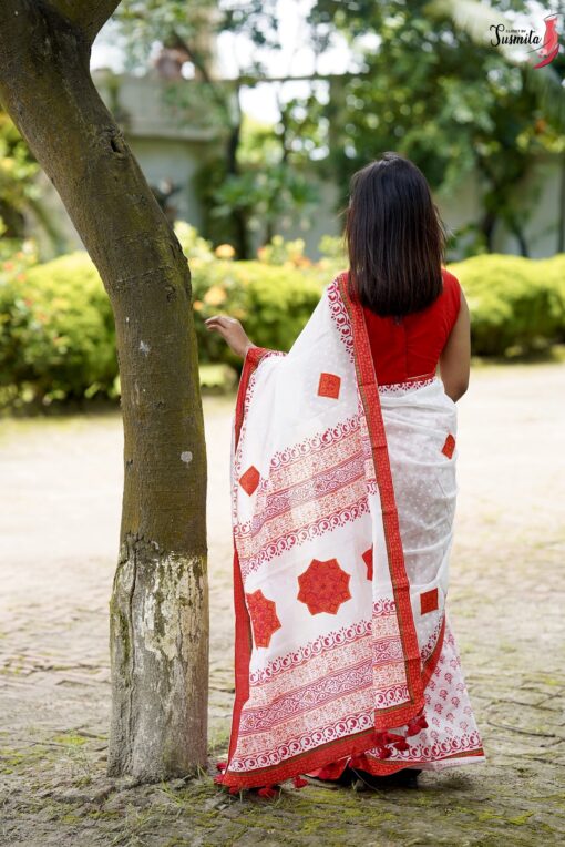 Red White Blockprint Saree - Image 5