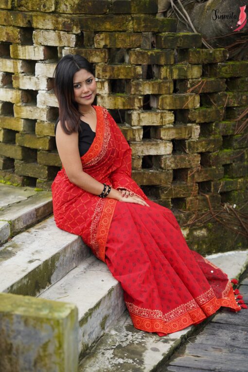 Red Block Print Saree - Image 8