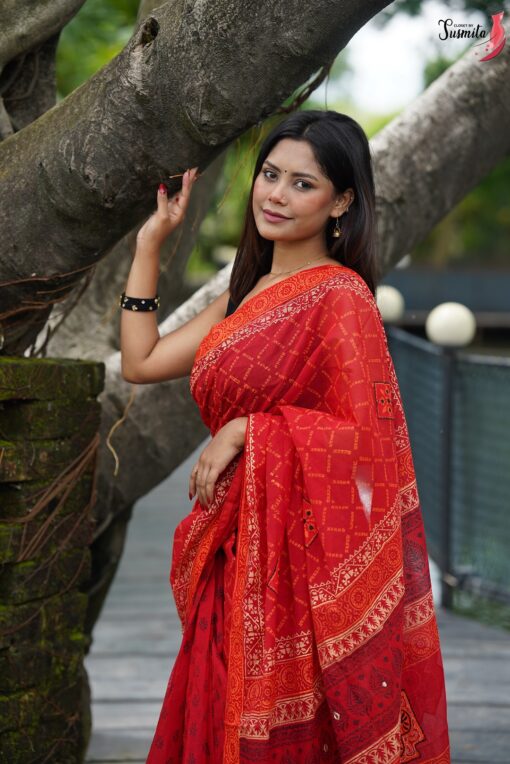 Red Block Print Saree - Image 6