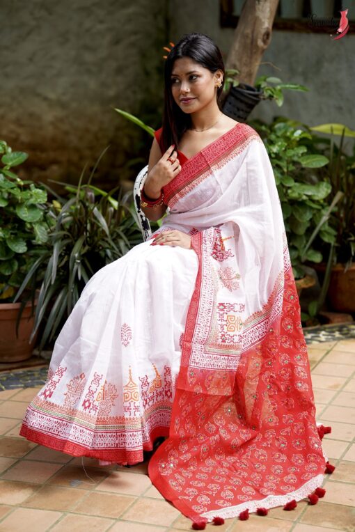 Pujo Special Block Print Saree - Image 6