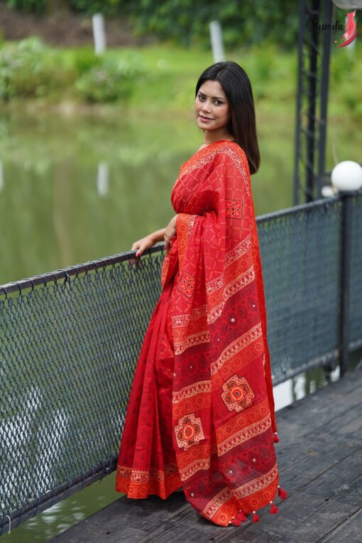 Red Block Print Saree - Image 5