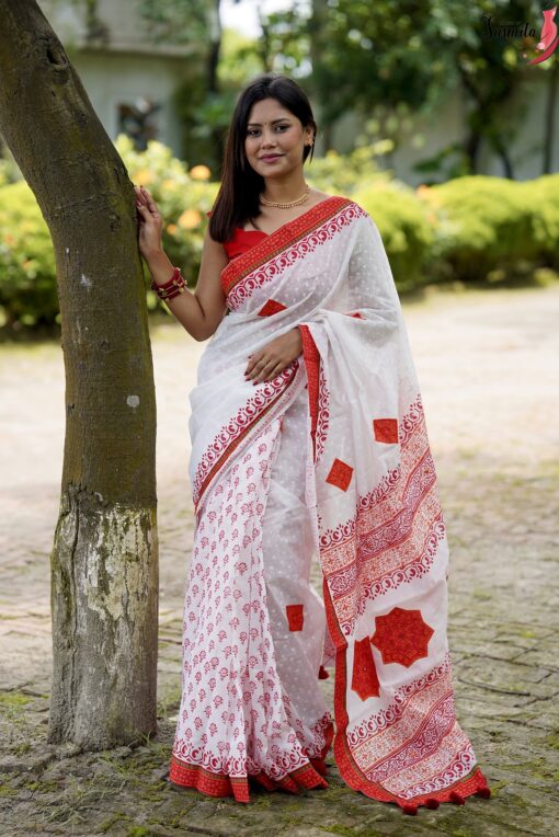Red White Blockprint Saree