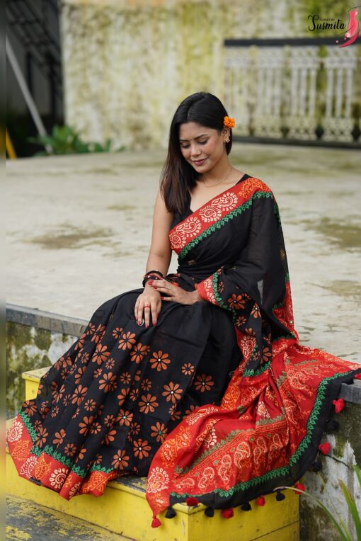 Black Block Print Saree - Image 7