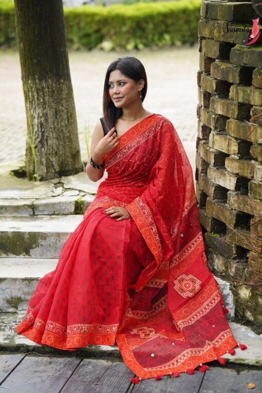 Red Block Print Saree - Image 3