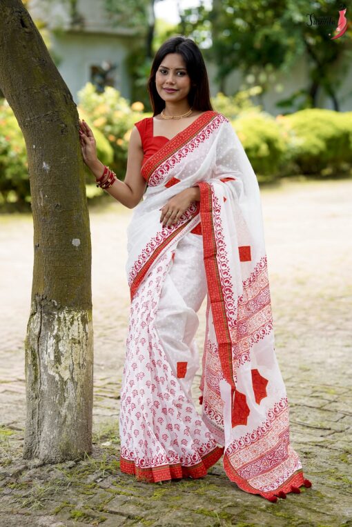 Red White Blockprint Saree - Image 7