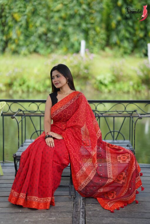 Red Block Print Saree - Image 10