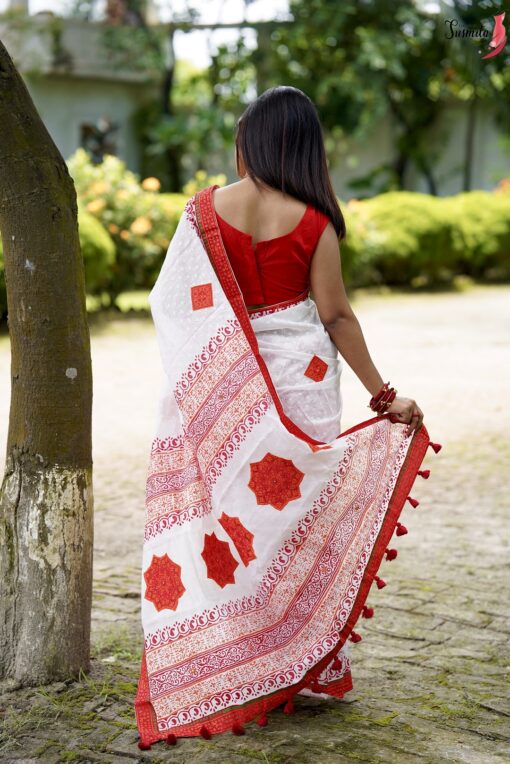 Red White Blockprint Saree - Image 6