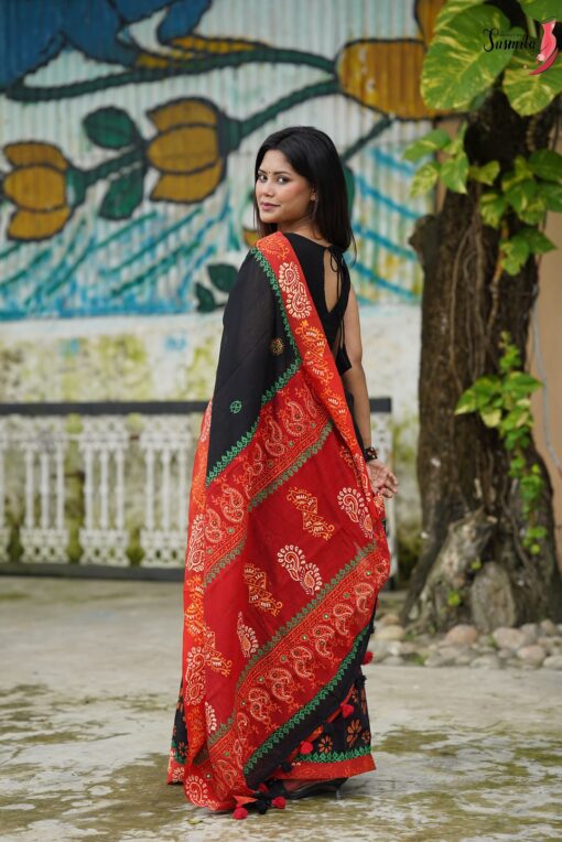 Black Block Print Saree - Image 6