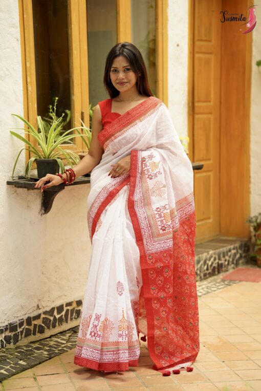 Pujo Special Block Print Saree - Image 8