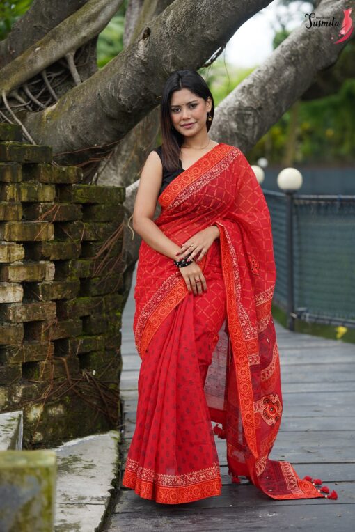 Red Block Print Saree - Image 9